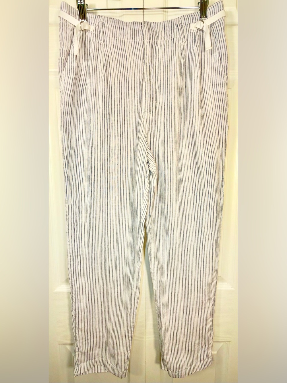Anthropologie Oasis Striped 100% Linen Belted Pants Size 28